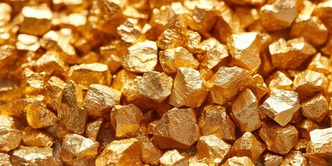 Close up gold nuggets, golden ore stones textured background, raw precious metal material, riches and wealth, investment opportunity, glimmering luxury gems