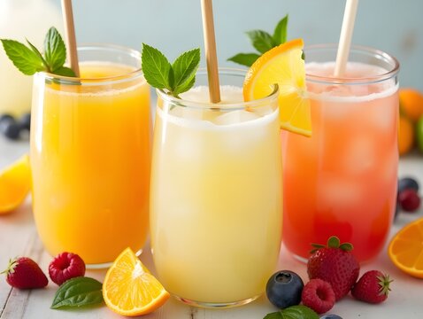 Refreshing Assorted Fruit Juices with Citrus Garnishes for Vibrant Summer Themes