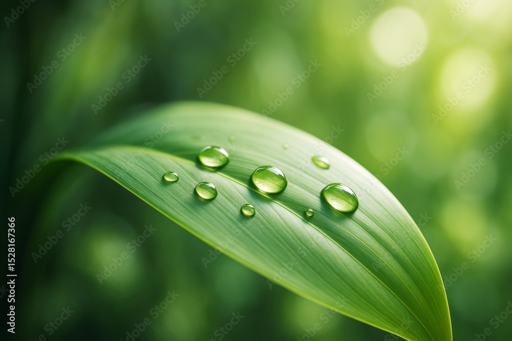 Poster Close-up of fresh green leaf with water droplets on a soft blurred light green background in a natural environment concept with abstract bokeh light..