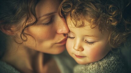 Obraz premium A woman is hugging a child. The child has brown hair and is wearing a sweater. The woman is looking at the child with a loving expression