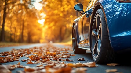 Automobile Amidst Autumn's Embrace: A sleek blue automobile stands majestically amid the enchanting embrace of autumn, surrounded by fallen leaves, embodying freedom and the allure of the open road.