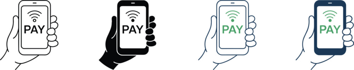 Modern Mobile Payment Icons: Hand Holding Smartphone with 'PAY' and Wi-Fi Symbols