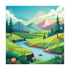 Obraz premium Minimalist scenic view with meadows and creek