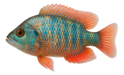 Vibrantly colored fish with iridescent blue scales and bright orange fins on transparent background.