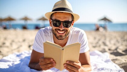 Un hombre joven con sombrero de paja y gafas de sol tumbado sobre una toalla en una playa y leyendo un libro. Vacaciones y relax