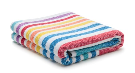 Colorful striped beach towel folded on white background