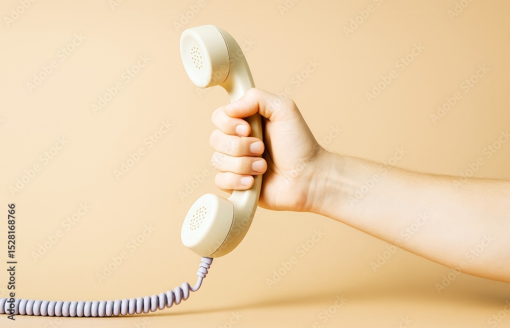 Poster hand holding vintage telephone receiver on light beige background in creative minimalist composition