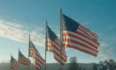 American flags waving in blue sky patriotic symbol
