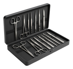 Surgical instrument set in a black case with scissors, forceps, scalpels, and tweezers arranged neatly on transparent background.