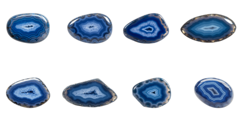 Captivating Agate Stones: A mesmerizing collection of polished agate stones in shades of blue, each one a unique display of nature's artistry, perfect for meditation, healing, or decorative purposes.