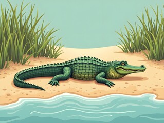 Obraz premium A crocodile resting on a sandy shore with green grass and a calm water setting, flat art