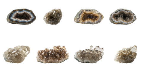 Collection of Amethyst and Quartz Clusters: An assortment of beautiful amethyst geodes and smoky quartz clusters showcasing various formations, colors, and textures.