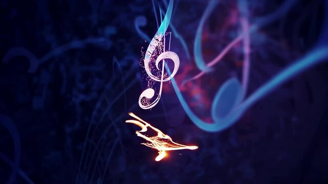 Dynamic swirling animation of glowing musical notes floating in abstract dark space, symbolizing artistic expression, sound energy, and digital rhythm visualization in music-inspired motion design