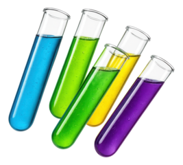 Five test tubes filled with brightly colored liquids, including blue, green, yellow, and purple, arranged diagonally on transparent background.