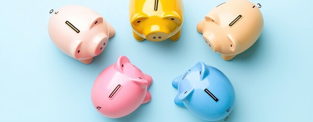 five multicolor piggy banks forming a circle on a light blue background, studio lighting with shallow focus, concept of diversity, community savings, or teamwork in finance