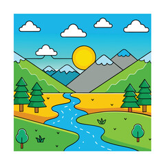 Obraz premium Morning in the hills with river in flat vector