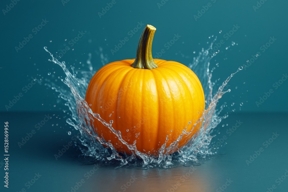 Poster bright orange pumpkin splashing into clear water with dynamic motion on teal background, representin