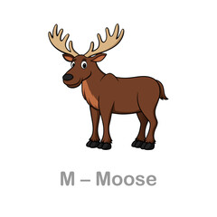 Fototapeta premium Moose flashcard. Wild animals illustrations for learning letters. Moose illustration for kids. Leaning English with animal clip arts. Vector