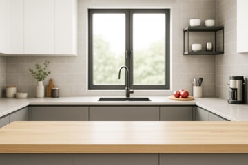Modern kitchen interior with wooden countertop and bright window, clean design layout ideal for food display, branding, or advertising use.