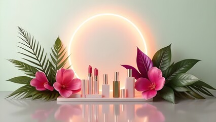 A photorealistic 3D render of a sophisticated beauty brand mockup. The scene features a large, bold, 3D sans-serif letter as the centerpiece, set against a solid-colored wall in a soft