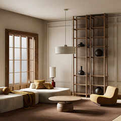 Minimalist living room with warm earthy tones. Serene minimalist lounge. 3D illustration