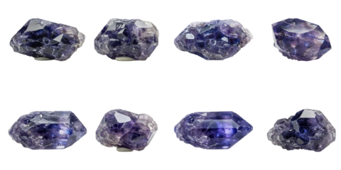 Iolite Gemstones Collection: A stunning collection of Iolite gemstones, each exhibiting unique shape, texture and showcasing a rich violet-blue hue, isolated against a stark studio background.