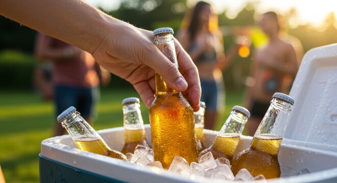 Man grabbing bottle of beer from cooler during summer party  
