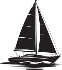 Black and White Sailboat Silhouette Vector Stylized Sailing Boat on Ocean Waves Icon with Triangular Sails and Nautical Theme