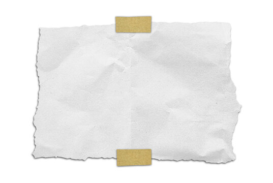 grunge old white paper texture  with adhesive tape on it use as background with blank space for design. bright grey wrinkle recycle paper with brown tape. rough paper texture.