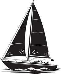 Black and White Sailboat Silhouette Vector Stylized Sailing Boat on Ocean Waves Icon with Triangular Sails and Nautical Theme