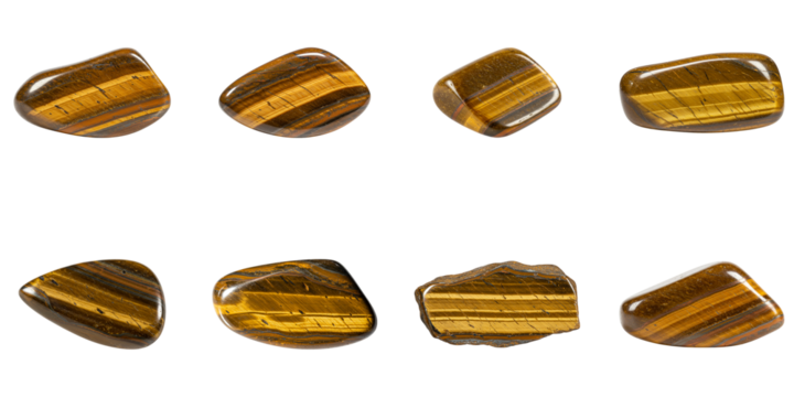 Tiger's Eye Stones: A collection of polished tiger's eye gemstones arranged in a visually appealing composition, showcasing their unique chatoyancy and earthy tones.