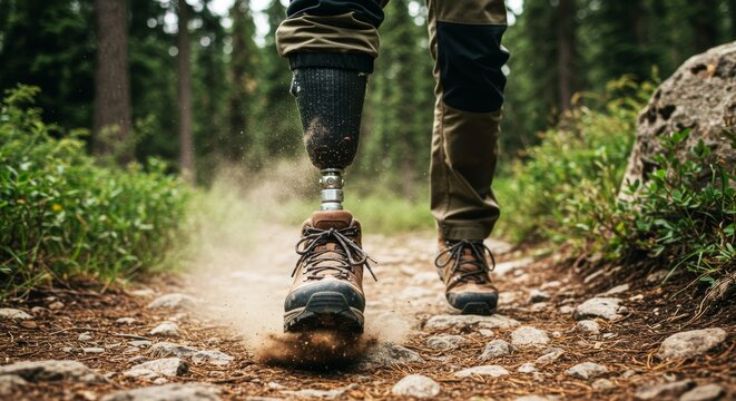 Man with prosthetic leg walking on hiking trail in forest  