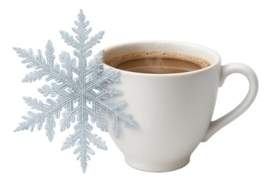 A white cup filled with hot coffee, partially covered by a detailed silver snowflake design on transparent background. - Powered by Adobe