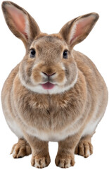 Cute rabbit with big ears and soft brown-white fur, isolated on a transparent background. Detailed texture and calm expression with natural tones and realistic features.