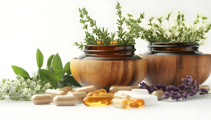 Homeopathy in small jars. Herbal extract. Alternative medicine concept