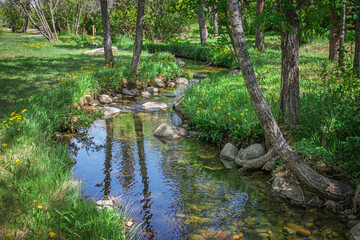Blue water reflection in a little stream