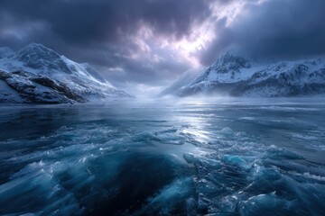Fototapeta premium Majestic icebergs surrounded by mountains under a dramatic sky in a remote location