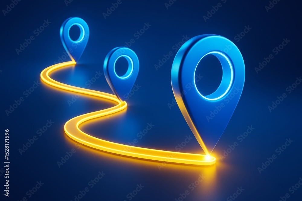 Poster Glowing route with blue map pins on dark background symbolizing navigation and journey concept in a creative graphic style. Ai generative.