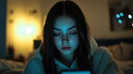 Young girl in a hoodie using phone for live chat, soft bedroom lighting, blue glow, connecting with online subscribers, late-night vibe.