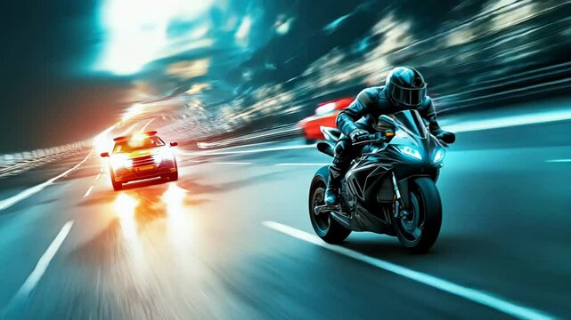 High-speed motorcycle fleeing from police car during intense night chase through city streets with dramatic motion blur and neon lighting