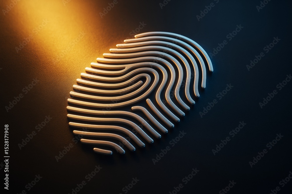 Poster Abstract digital fingerprint design with metallic effect and glowing light on dark background, symbolizing biometric security and identity concept.