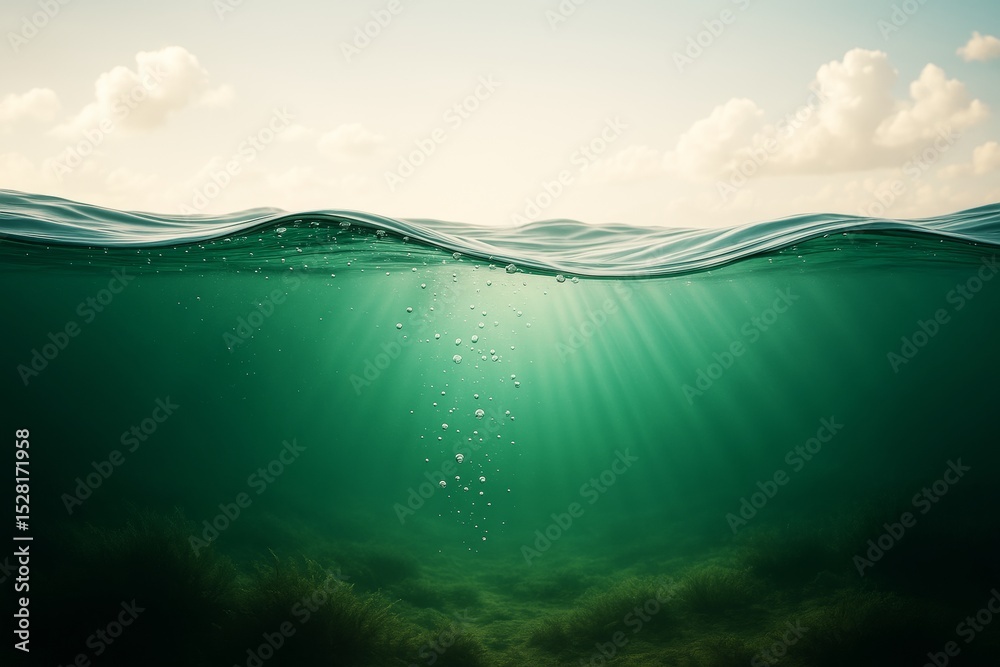 Poster peaceful underwater scene showing sunlight rays through ocean surface with bubbles and aquatic plant