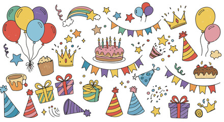 Festive Birthday Party Doodle Collection: Colorful Balloons, Cake, Crowns, Gifts, and Party Hats for Celebrations