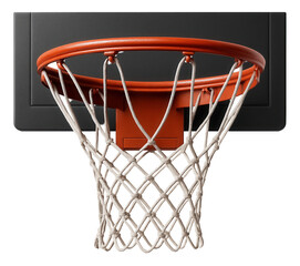 Close-up view of an orange basketball hoop and net attached to a black backboard on transparent background.