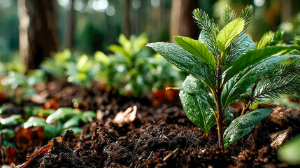 Young green sapling planted in rich soil within a forest environment, symbolizing growth and ecological restoration