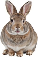 Cute rabbit with big ears and soft brown-white fur, isolated on a transparent background. Detailed texture and calm expression with natural tones and realistic features.