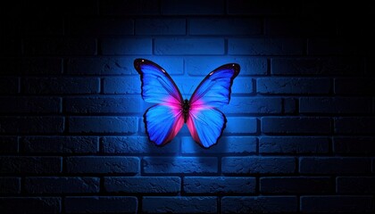 Electric blue butterfly with radiant wings, against the textured brick wall backdrop