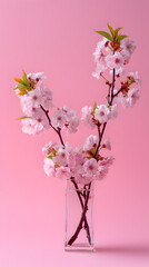 Elegant branches of pink cherry blossoms in a glass vase on a pink background