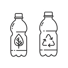 Recycle plastic bottle icon line with green leaves. Set of symbols and signs for design of recycle label products.
