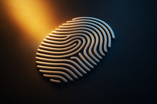 Abstract digital fingerprint design with metallic effect and glowing light on dark background, symbolizing biometric security and identity concept.